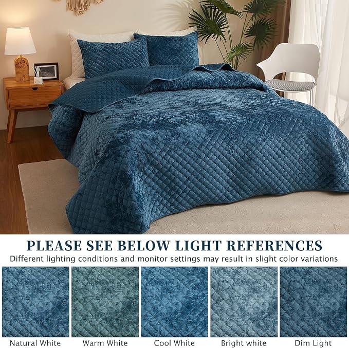 Velvet Quilt Queen Comforter Set - Luxury Soft Velvet Bedding Set for All Season, Bedspreads Queen Size Lightweight Quilt with 2 Pillow Shams, Blue, Diamond