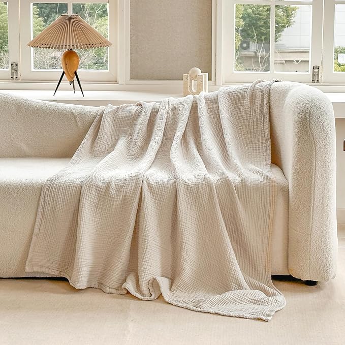 FALUCA Cotton Muslin Cooling Reversible Blanket King Size for Bed, Couch, Four Layers Blanket, Soft Lightweight Cozy Breathable Farmhouse Decoration for Summer, Khaki