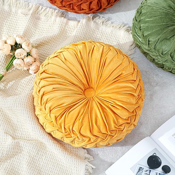 Drydiet 1 Pcs Round Throw Velvet Pillows Decorative Pleated Throw Pillows Diameter Accent Pumpkin Boho Chair Cushion for Couch Sofa Home Decoration (Yellow,15'')