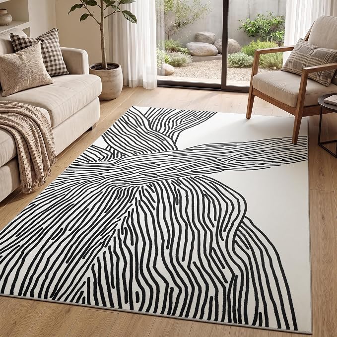 YIHOUSE 5×7Ft Area Rugs, Abstract Washable Rug, Modern Black and White Rug for Bedroom Living Room Dining Room Office Playroom Nursery, Nonslip Throw Non-Shedding Thin Contemporary Striped Rugs | Soft low-pile modern striped 5x7 rug with non-slip backi...