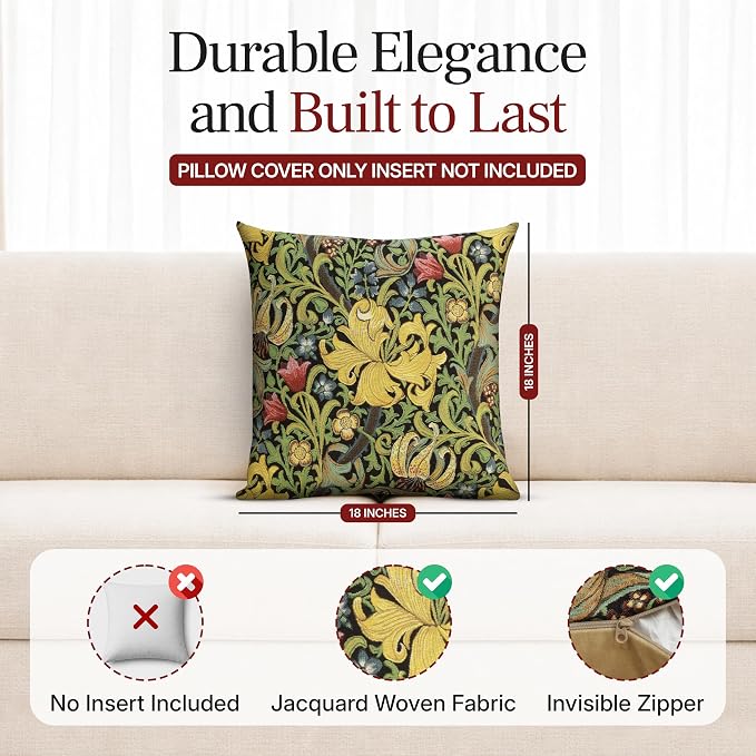 Charlotte Home Furnishings Inc Golden Lily Black Throw Pillow Covers 18x18, European 100% Cotton Jacquard Woven Fabric, Boho & Vintage Inspired Decorative Cushion for Living Room and Sofa