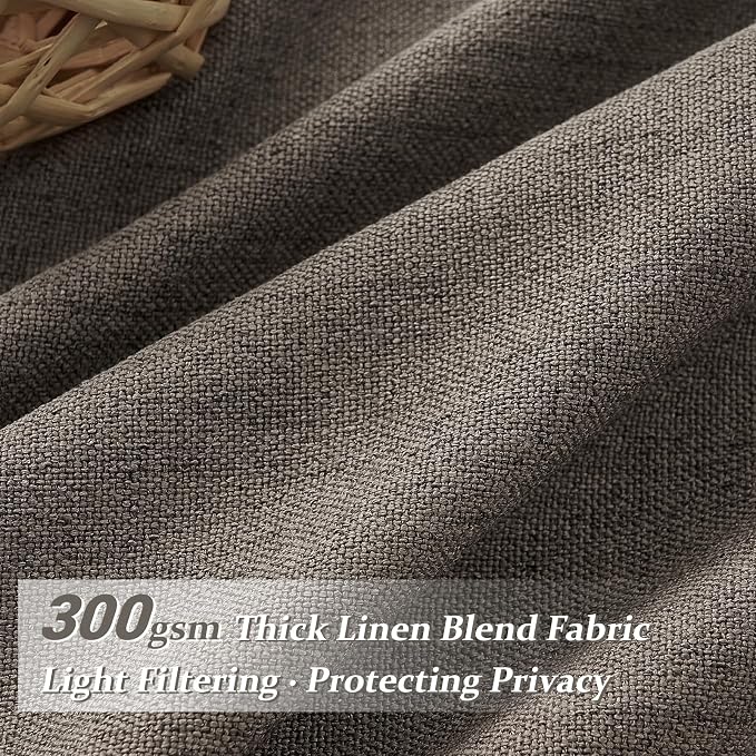 Pleated Chocolate Tart Natural Linen Curtains 96 Inches Long for Sliding Glass Doors, Memory Trained Semi Sheer Drapes Light Filtering Privacy 8FT Length Rustic Windows Curtain 2 Panels Set Back Tab