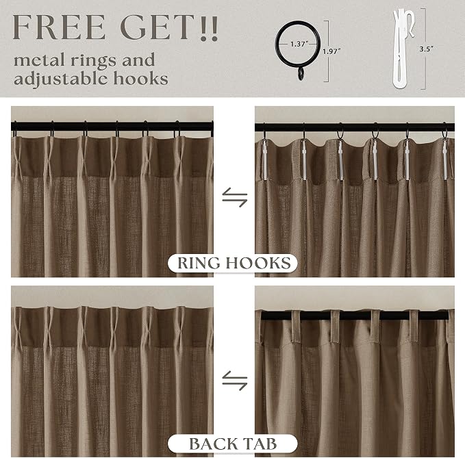 TWODRAPES Dutch Cocoa 90 Inch Linen Curtains Pinch Pleated Living Room Bedroom Dining Boho Brown Light Filtering Pinch Pleat Drapes Hooks Rings Back Tab Semi Sheer Dark Brown Window Curtains 2 Panels