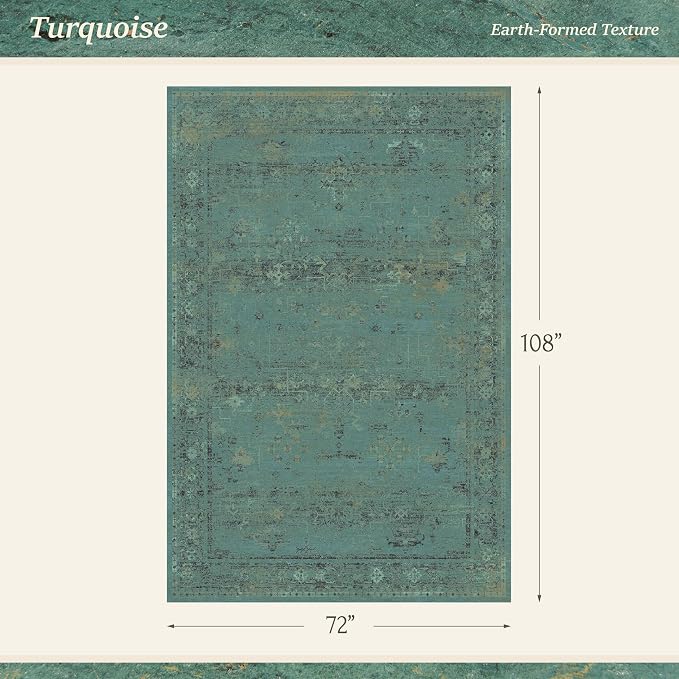Turquoise Green 6x9 Washable Area Rug for Dining Room, Non-Slip Stain Resistant Low Pile Vintage Boho Carpet for Living Room, Distressed Teal Geometric Rug, Modern Farmhouse Décor