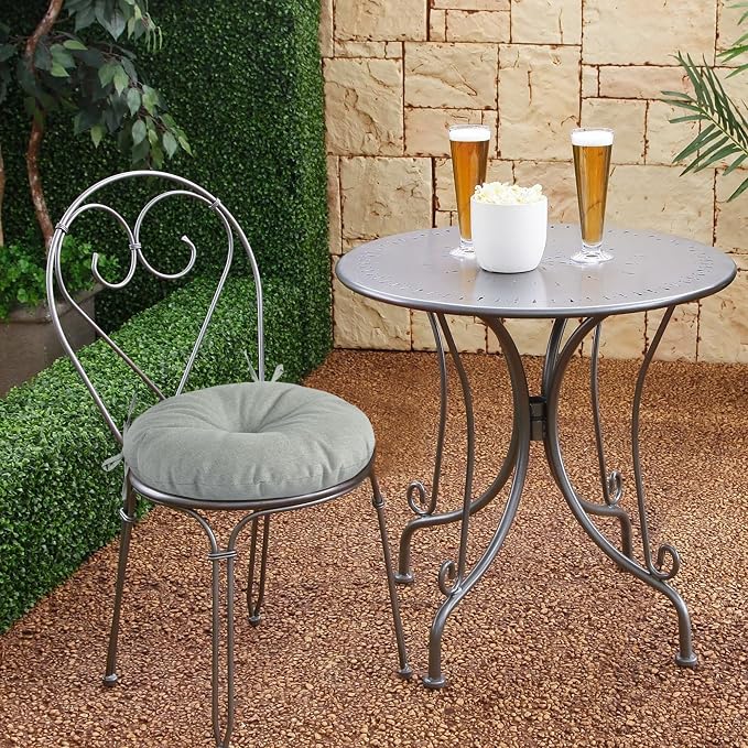 Magpie Fabrics Outdoor 15"x15"x4" Round Bistro Seat Cushions with Ties Set of 2, Tufted Waterproof Patio Floor Chair Pads for Home Garden Balcony Kitchen Office Porch, Grey