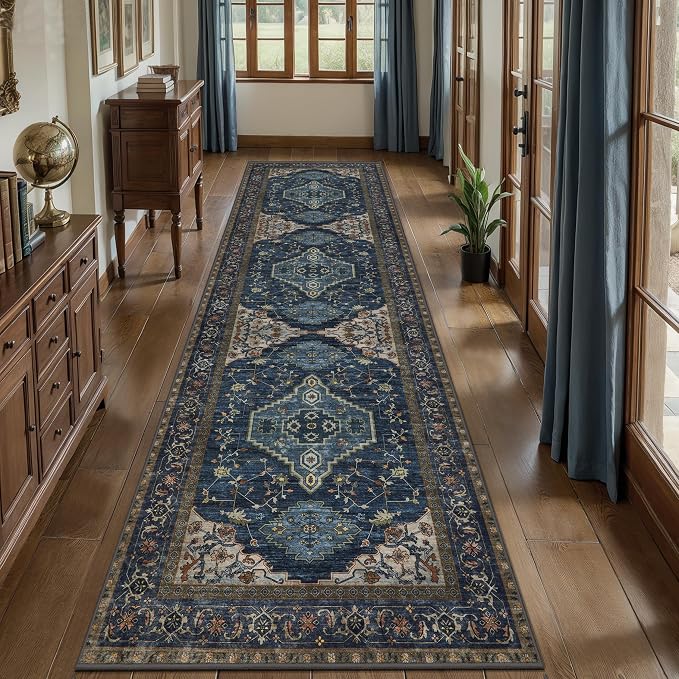 Tangsoo Dark Blue 2.6x10 Washable Hallway Runner Rug, Non Slip Vintage 10ft Runner Rugs for Hallways, Soft Low Pile Long Rug Runner, Print Carpet Runners for Kitchen Bedroom Entryway Living Room