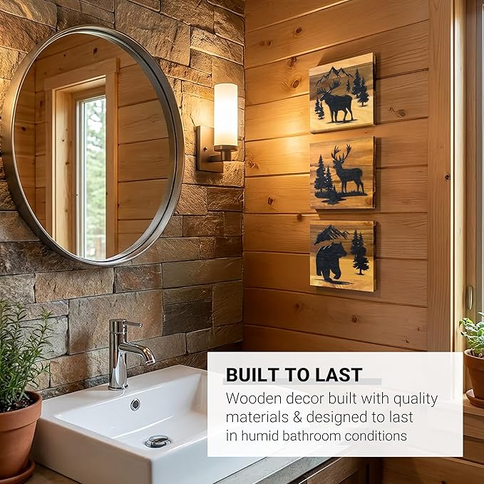 HomeRustique Real Wooden Cabin Decor with Bear, Deer & Moose (Set of 3) - Rustic Mountain & Forest Wall Decor, Woodland Lodge Art for Home, Living Room, Hunting Theme or Bathroom