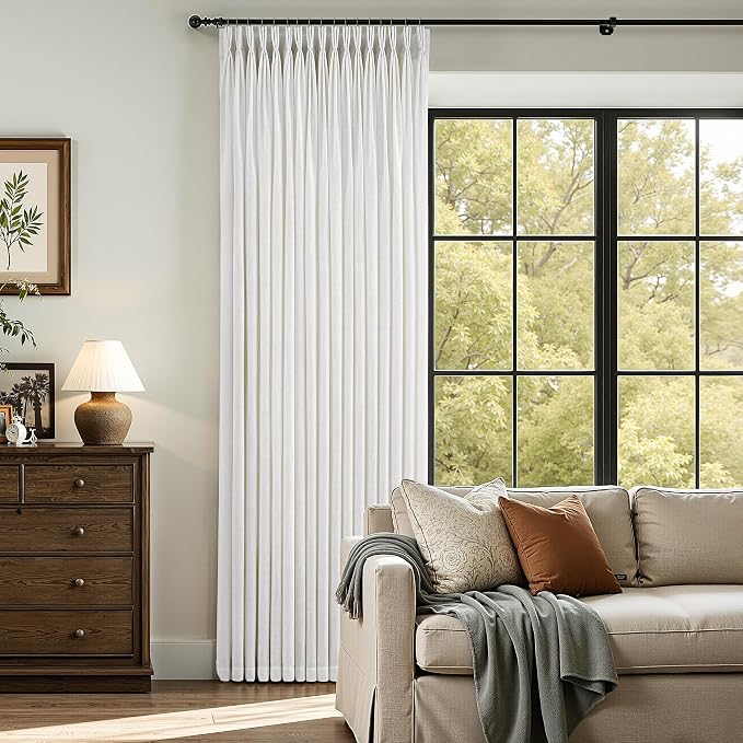70 Inch Extra Wide Pinch Pleated Linen Curtains 120 Inch Length for Living Room Bedroom Natural Cream Beige Privacy Drapes Light Filtering for Patio Sliding Door 120 Inches Long with Hooks Clips Rings