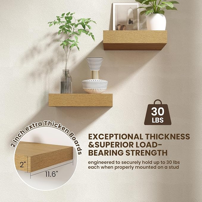 FLYJOE 12 Inch Floating Shelves, Oak Square Floating Shelves Set of 2, 12''W x 12''D Wood Shelves for Wall, Deep Shelves for Bathroom Living Room, Engineered Wood, Mounting Hardware Included