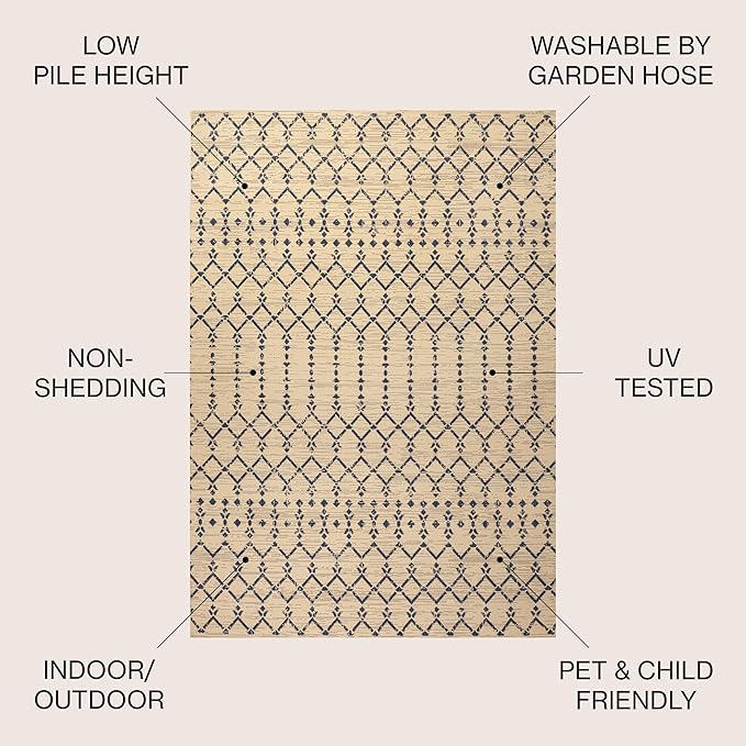 JONATHAN Y Moroccan Geometric Indoor Outdoor Square Area Rug 4X4 Beige/Navy, Ourika Textured Weave for Backyard, Patio, Porch, Easy-Cleaning, High Traffic, Pet-Friendly, Non-Shedding (SMB108H-4SQ)