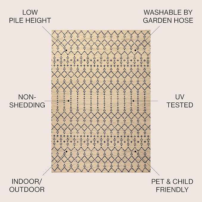 JONATHAN Y Moroccan Geometric Indoor Outdoor Square Area Rug 5X5 Beige/Navy, Ourika Textured Weave for Backyard, Patio, Porch, Easy-Cleaning, High Traffic, Pet-Friendly, Non-Shedding (SMB108H-5SQ)