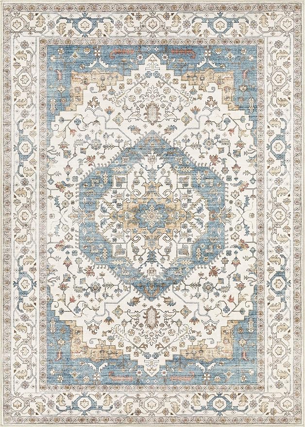 9x13 Area Rugs for Living Room - Large Carpet Ultra Thin Soft Washable Oriental Vintage Floral Distressed Rug Big Indoor Carpets for Bedroom Nursery Dorm Home Decor Aesthetic - Blue/Beige