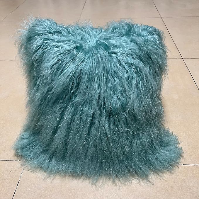 MOOX Mongolian Lamb Fur Pillow Covers Lumbar Throw Sheepskin Pillow Case Genuine Wool Fur Tibetan Accent Living Room Bedroom Decorative Cushion Cover (20x20inch, Green)