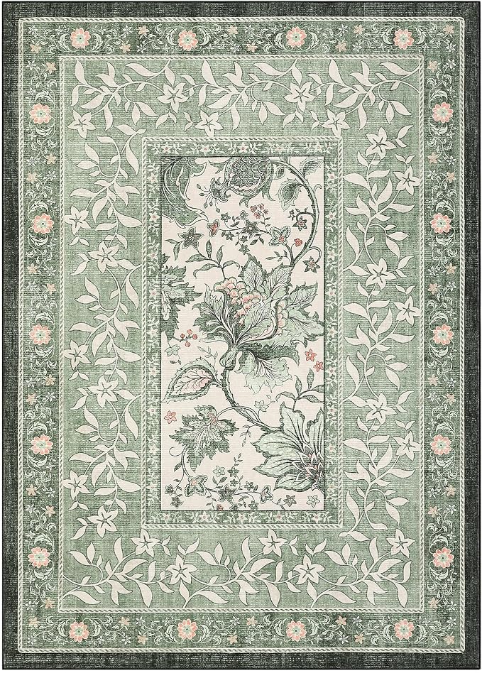 GarveeHome Provence Botanical Grove 4x6 Rug Sage Green Vintage Cottagecore Carpet 4 x 6 Area Rug for Bedroom Living Room Nursery Kitchen Entryway Indoor Mat
