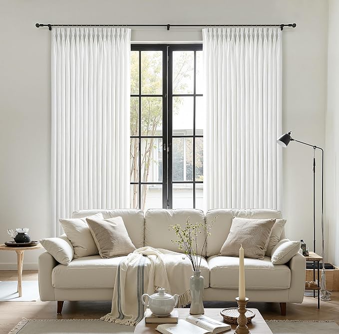 108 Inch Long White Pinch Pleated Linen Curtains 2 Panels Set for Living Room Bedroom Pinch Pleat Curtains Ivory Cream Semi Sheer Light Filtering Privacy Curtain 108 Inch Length for Sliding Door