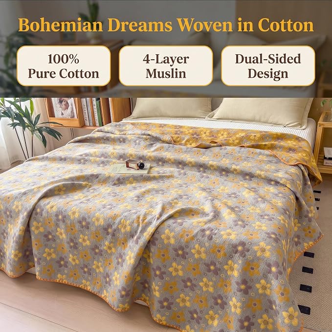 NIDITW Checkerboard Cotton Muslin Throw Blanket for Couch 6-Layer Checkered Gauze Blanket Soft Breathable All Season for Couch Bed Sofa (Yellow Flowers, Full)
