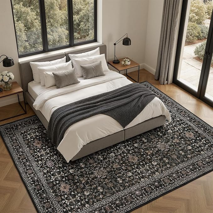 DCX Black 5x7 Rug, Kid & Pet Friendly with Rubber Back Non Slip, Machine Washable Stain Resistant Vintage Traditional Distressed Carpet, Rug for Living Room, Bedroom, Home Decor