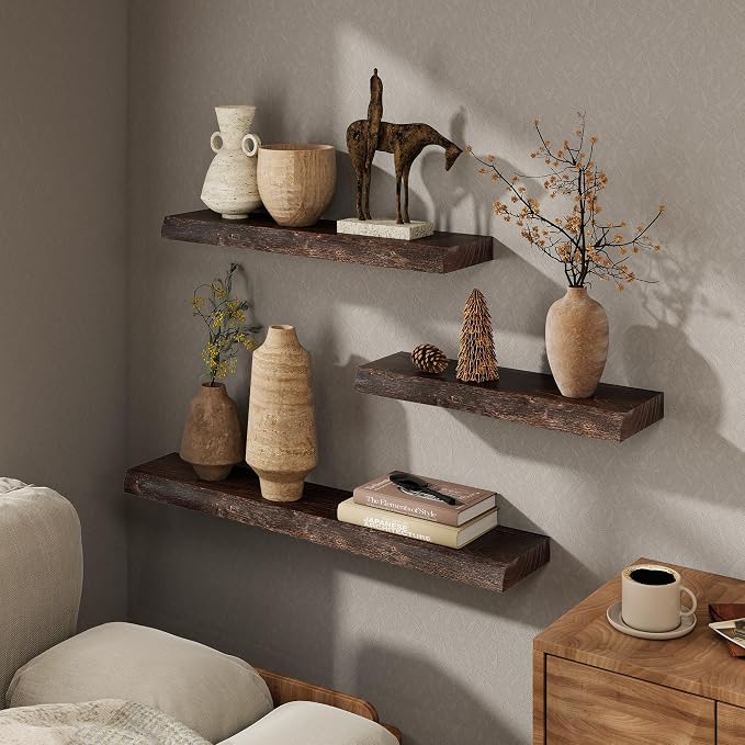 Marsmiles 24 inch Floating Shelves for Wall Elm Wood Live Edge Shelves|Rustic Wall Shelves with Invisible Heavy-Duty Bracket for Bathroom Living Room Kitchen|Walnut, 2 Pack