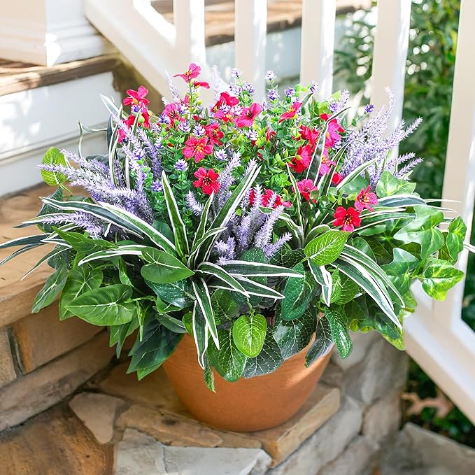 Starttag 20PCS Artificial Plants for Outdoor Decor Realistic Faux Greenery & Flowers Fake Plastic Leaves with Stems UV Resistant Outside Bushes for Garden Patio and Porch