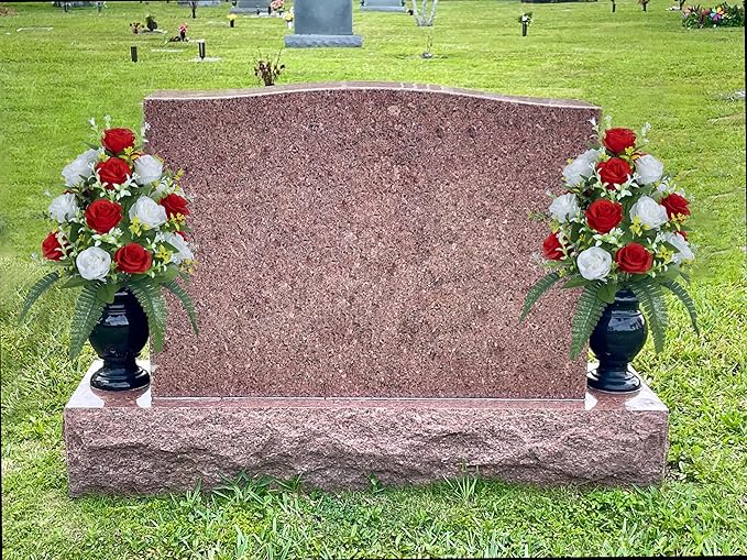 DONODA 2 Sets of Artificial Cemetery Flowers， Outdoor Grave Decorations Roses，Accompanied by 2 Long Nail Vases，Lasting and Non-Bleed Colors. (18 Heads (red+White))