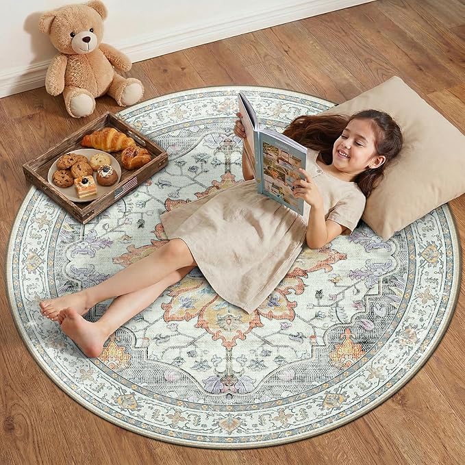 RELEANY Area Rugs 4ft Washable Non-Slip, Floral Vintage Distress Print Pattern Medallion Carpet for Living Room Bedroom Dining Room, Light Yellow Carbon Grey Orange