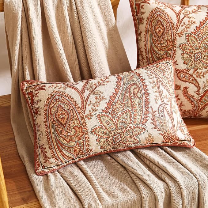 ISAENNE Vintage Linen Throw Pillow Cover,Set of 2,20"x12"-Chauffrey A | Designer Elegant Rectangle Pillow Cover,Concealed Zipper Design,Cashew Pattern,Sofa,Bedroom,Living Room,Lounge Chairs