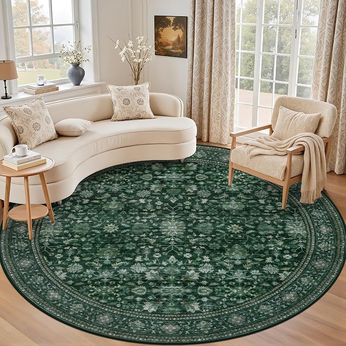 Round Area Rug for Living Room: 8 ft Washable Vintage Boho Soft Thin Circle Rug Indoor Floor No Slip Stain Resistant Carpet for Bedroom Dining Room Farmhouse Nursery Home Office -Deep Green