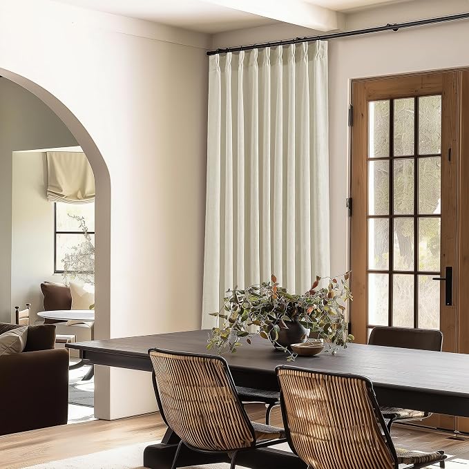 Extra Wide Pinch Pleat 60 x 108 Inch Linen Curtains for Living Room Neutral Beige Light Filtering Semi Sheer Pleated Curtains for Patio Glass Sliding Door Dining Bedroom Large Window 60x108 1 Panel