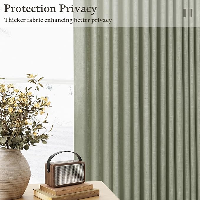 Sage Green Linen Curtains 96 Inches Long 2 Panels Set Pinch Pleat for Living Room Dining Light Filtering Semi Sheer Ceiling Track Curtains with Hooks Rings Pleated Drapes for Bedroom Window 8FT