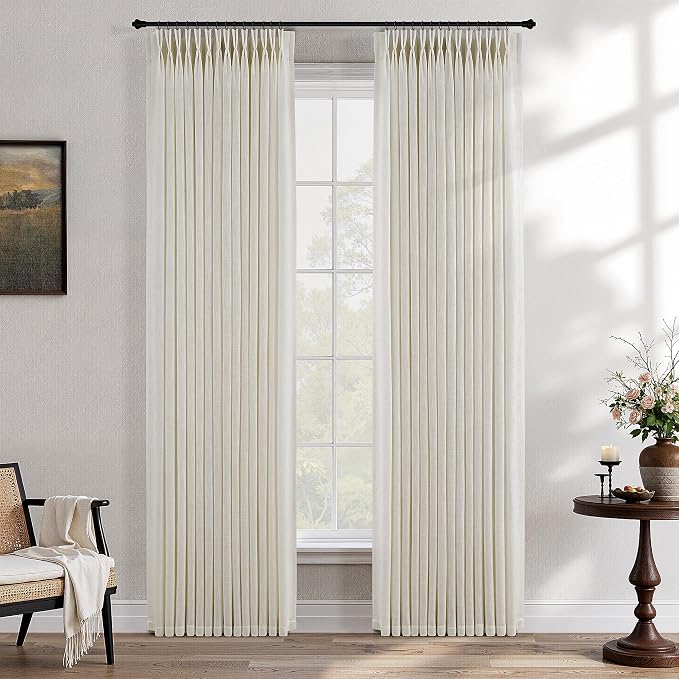 Pinch Pleated Thick Linen Curtains 84 Inch Length 2 Panels Set for Living Room Warm Beige Neutral Pleated Curtains Semi Sheer Light Filtering Privacy Bedroom Window Drapes