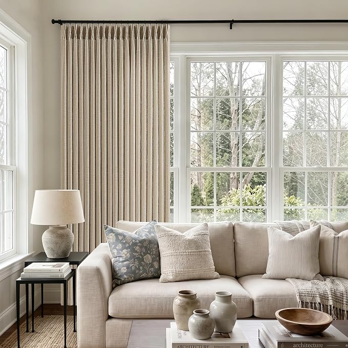Burlywood Birch 70 Inch Wide Pleated Curtains 84 Inches Long 1 Panel Memory Trained Light Filtering Semi Sheer Burlap Door Curtains with Ring Hooks Neutral Back Tab Pinch Pleat Drapes for Wide Windows