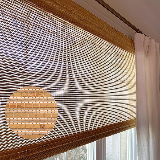 LETAU Cordless Wood Window Shades Blinds, Bamboo Sheer Light Filtering Woven Roman Shades, Almond Brown, 38" W x 64" L