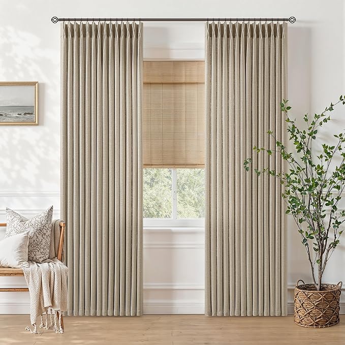 Burlywood Pinch Pleated Curtains 84 Inches Length Back Tab Light Filtering Semi Sheer Taupe Pleat Curtains for Living Room Memory Trained Shaped Linen Textured Window Drapes 84 Inch Long 2 Panels