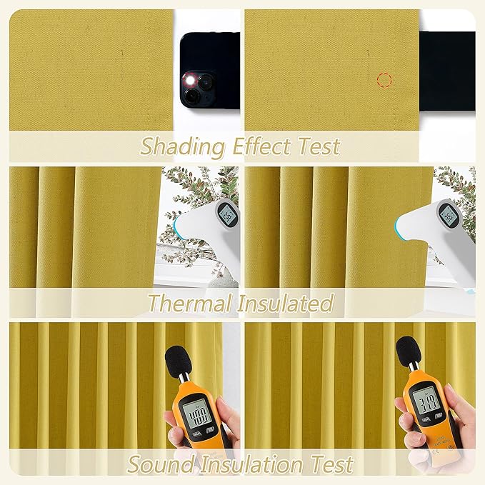 Guken 100% Blackout Curtains 90 Inch Length 2 Panels Set for Living Room Bedroom Back Tab Thermal Insulated Black Out Linen Drapes Room Darkening Celery Yellow,52x90
