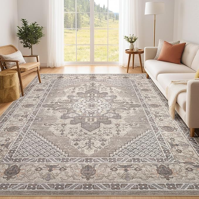Tortania Area Rug Living Room Rugs - 5x7 Washable Boho Rug Vintage Oriental Distressed Farmhouse Large Thin Indoor Carpet for Living Room Bedroom Under Dining Table Home Office - Taupe Brown