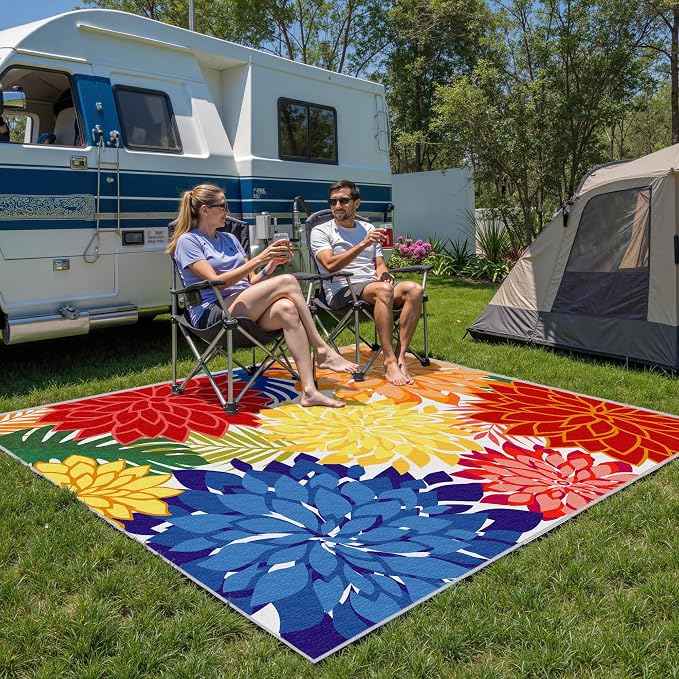 Colorful 6x9 Outdoor Area Rug Washable Multicolored Patio Rug Tropical Botanical Floral Chenille Waterproof Outdoor Carpet Non-Slip for Patio, Deck, Backyard, Porch, Rainbow