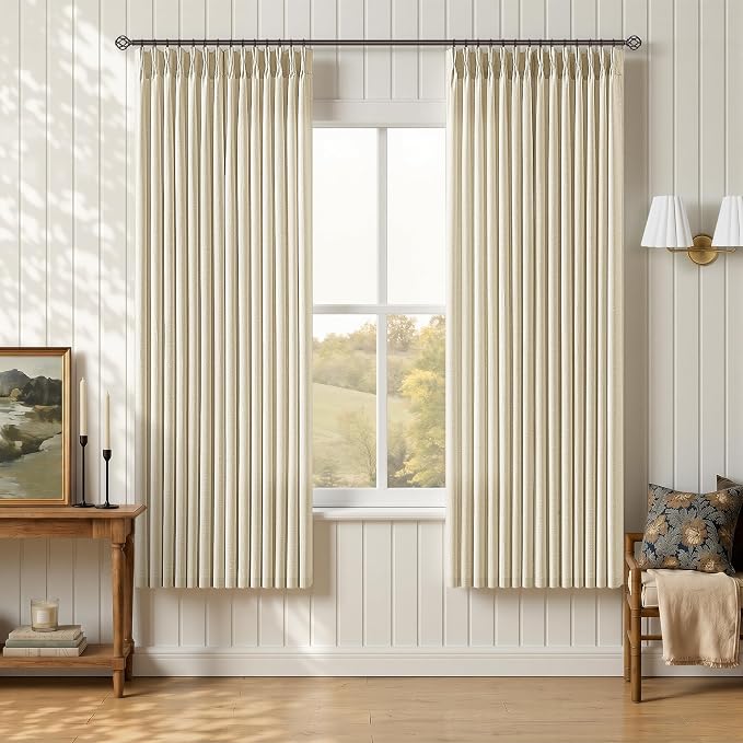 TWODRAPES Cream Pinch Pleated Linen Curtains 2 Panels 63 Inch for Living Dining Room Semi Sheer Memory Trained Short Pleat Drapes with Hooks Rings Farmhouse Boho Beige Bedroom Kitchen Drapes 40Wx63L