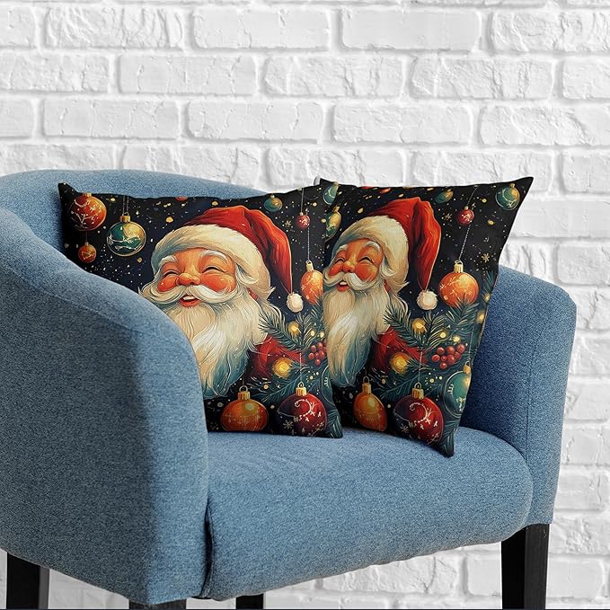 Christmas Santa Pillow Covers Xmas Throw Pillow Covers 22x22 Set of 2 Black Red Holiday Pillowcase Double Sided Printing Cotton Linen Cushion Case for Living Room Sofa Couch