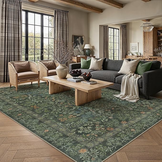 PureCozy 6x9 Dark Green Area Rug for Living Room Bedroom Washable Vintage Floral Carpet Low Pile Non Slip Botanical Aesthetic Dining Room Soft Accent Throw Rug Nursery Office Indoor
