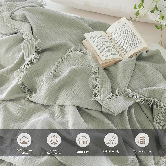 MooMee Muslin Blanket - 100% Cotton 4-Layer Gauze Throw Blanket with All-Around Fringe, Soft Breathable Lightweight Cooling Summer Blankets for Bed Couch(Sage Green, Queen 90" x 90")