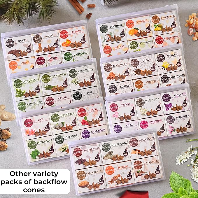 Floral - Backflow Incense Cones for Waterfall - Scented Inscents-Cones - Lavender, Jasmine, Rose, Patchouli, Lily, Gardenia - Insiensos Aromaticos - 6x10=60 Large Variety Pack