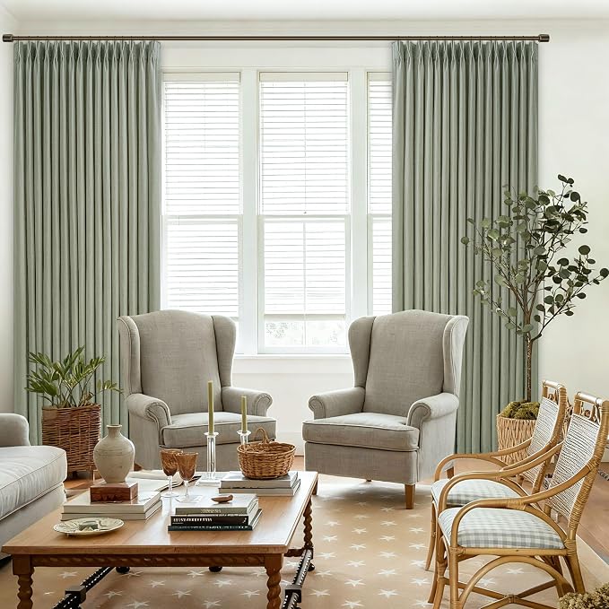 105 Inch Sage Green Curtains for Living Room Linen Blend Semi Sheer Pinch Pleated Drapes 105 Inches Long 2 Panels Set Light Filtering Privacy Window Curtains Light Green Rustic Country Home Decor