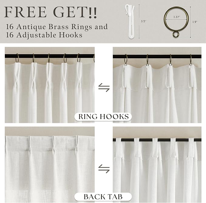Pinch Pleated Linen Curtains 86 Inch Length 2 Panels Set for Living Room Rustic Farmhouse Beige White Viral Elegant Boho Neutral Semi Sheer Bedroom Curtain Light Filtering Privacy Thick Drapes