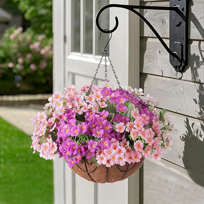 Artificial Fake Hanging Plants Flowers Basket for Spring Outdoor Decoration, Faux Silk Daisy UV Resistant Look Real with Eucalyptus Leaves Summer Decor for Patio Garden Outside(Pink White Purple )