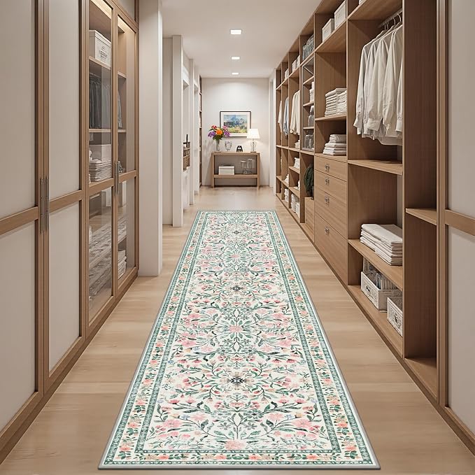 Runner Rug for Entryway: 2x5 Kitchen Rugs Non Slip Washable Ultra-Thin Soft Floral Carpet Indoor Floor Stain Resistant Carpets for Hallway Bedroom Kitchen Laundry Bathroom Dorm Green/Beige