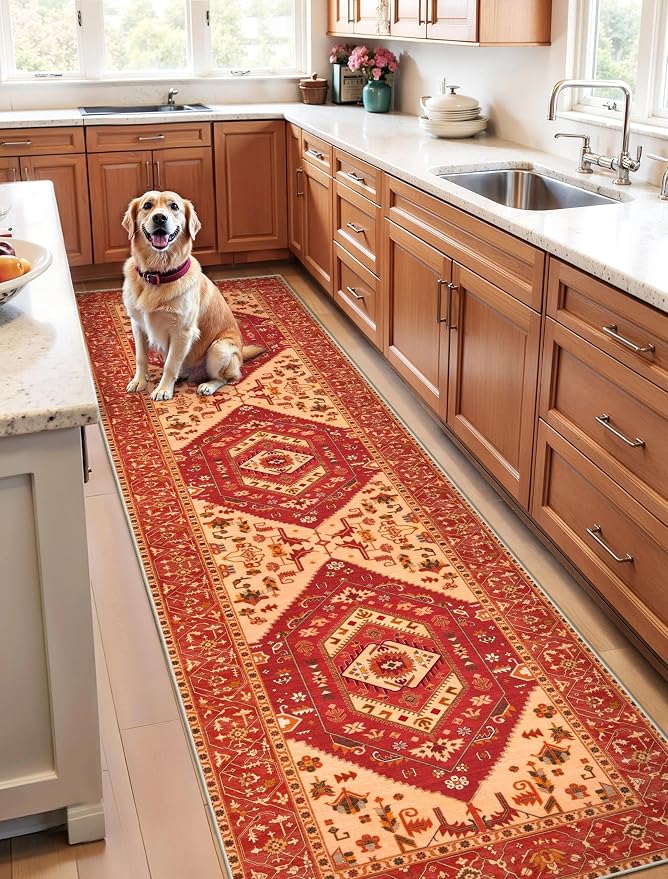 SERISSA Runner Rug for Hallways, 2'6"x10' Washable Non Slip Kitchen Runner Rug, Long Boho Rug Vintage Red Hallway Stair Ultra Soft Print Floor Carpet for Bedroom Bathroom Laundry Room