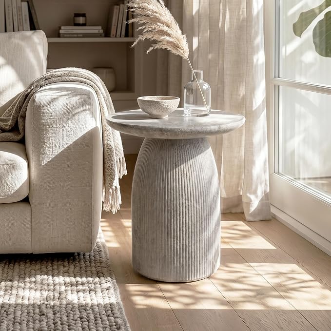 24/7 Shop at Home Ranera Modern 17-inch Natural Stone Side Table with Round Pedestal Base, Marble Nightstand, Fluted Patio End Table, for Living Room, Covered Outdoor Spaces, Light Gray Travertine