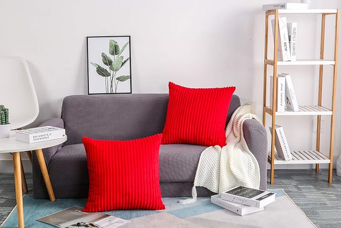 TangDepot Velvet Big Corduroy Pillow Covers 12x12 Red 2-Pack | Soft wide-stripe corduroy pillow cover, hidden zipper, machine washable, easy refresh, for bedroom living room indoor outdoor