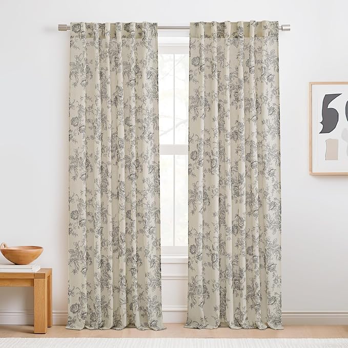 StangH Linen Floral Curtains for Living Room, Black Printed 84 inch Length Farmhouse Light Filtering Flower Patterned Drapes for Bedroom Dining Room, W52 x L84, 2 Panels