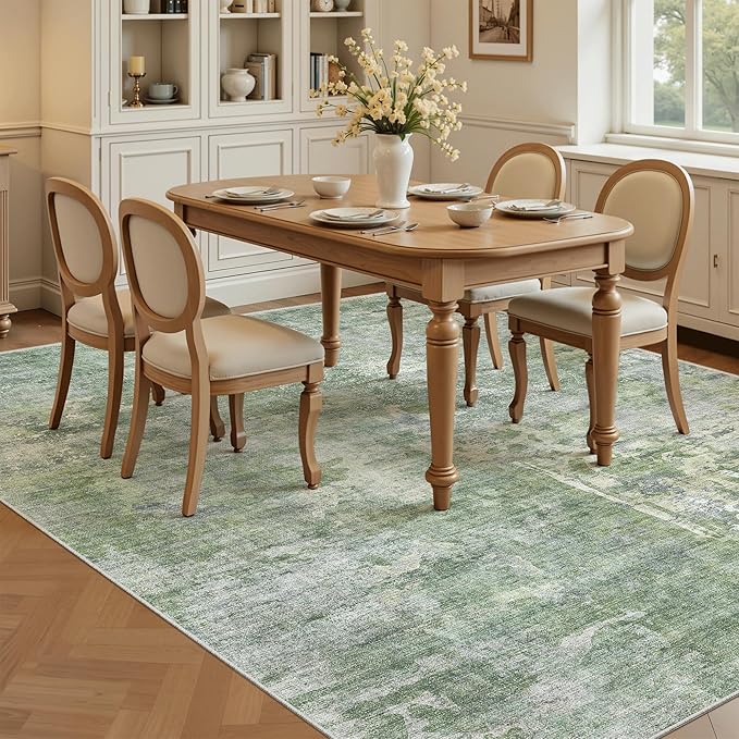 Soalmost 5x8 Area Rugs Green/Ivory Low Pile Indoor Washable Trendy Faded Style Rugs for Bedroom Living Room Dining Room Foldable Non-Slip Thin Print Home Office Mat